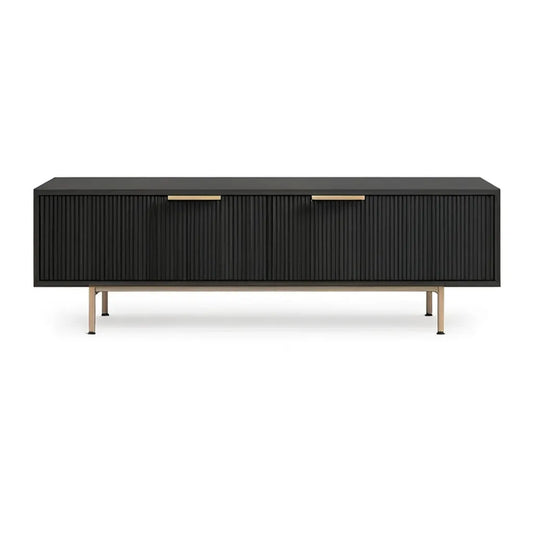Szafka RTV, Prostokątna 2 drzwiowa szafa z przesuwanymi drzwiami w kolorze czarnym MDF 160 x 40 x 60 cm ze złotymi nóżkami
