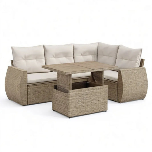 Sofa ogrodowa, 6 mebli ogrodowych z regulacją kąta, 280x210x75 cm, beżowa żywica pleciona z poduszkami ecru i efektem podnoszenia drewna stołowego