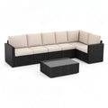 Sofa ogrodowa, 7 fotela modułowa narożna kanapa ogrodowa z czarną żywicą plecioną z beżowymi poduszkami i stołem do kawy ze szklanym wierzchołkiem 320 x 220 x 75 cm