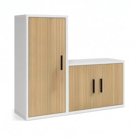 Szafka RTV, Zestaw do TV z kolumną magazynową 180 x 40 x 140 cm biały i lekki dąb melaminowane panele cząstkowe