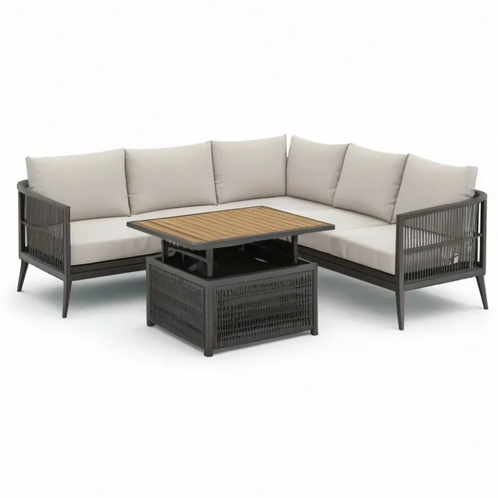 Sofa ogrodowa, 6 fotela czarna aluminiowa sofa ogrodowa z beżowymi poduszkami i wytrzymałe