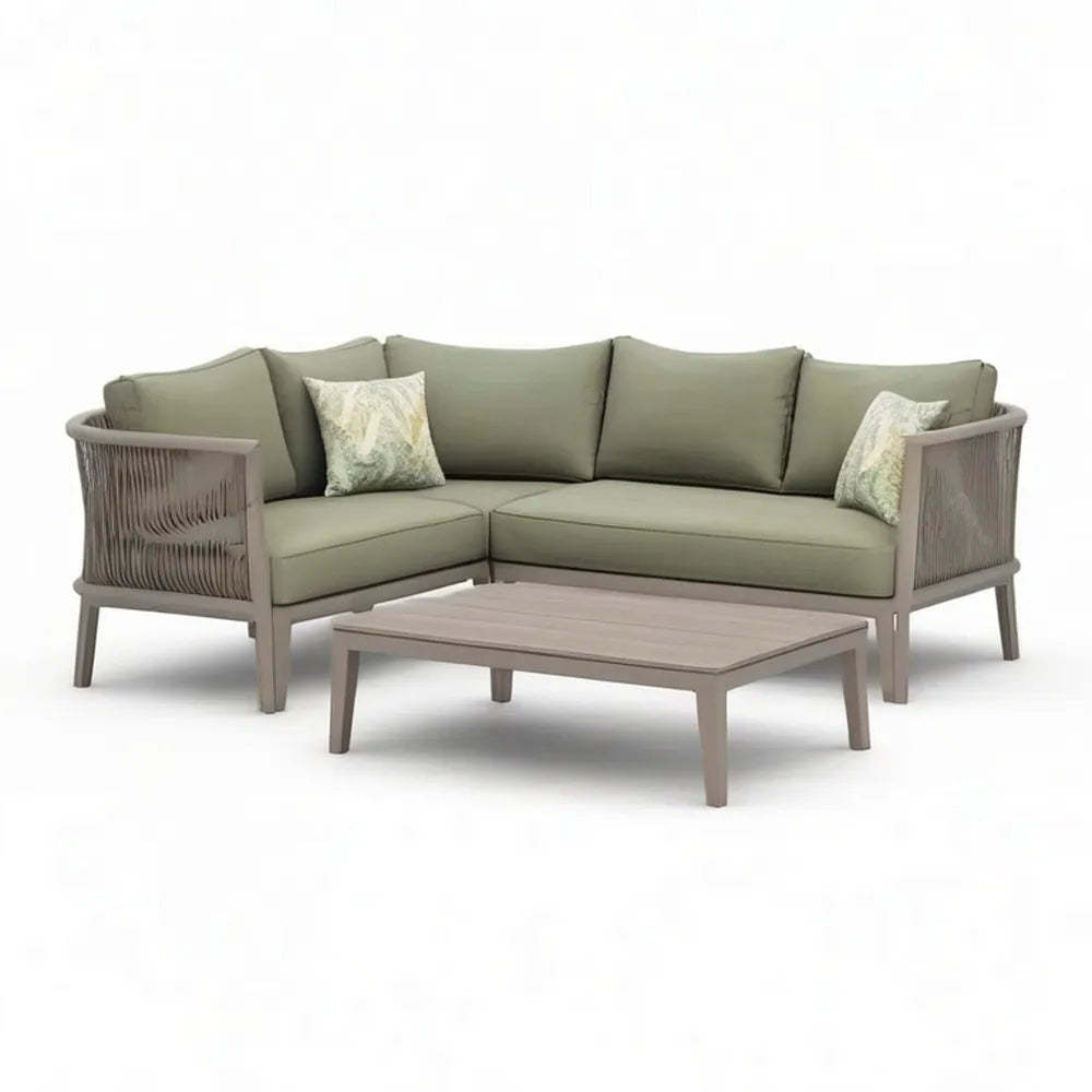 Sofa ogrodowa, Modułowe meble ogrodowe narożniki 5 foteli w beżowym aluminium z prostokątnym stołem do kawy 260 x 170 x 75 cm