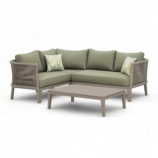 Sofa ogrodowa, Modułowe meble ogrodowe narożniki 5 foteli w beżowym aluminium z prostokątnym stołem do kawy 260 x 170 x 75 cm
