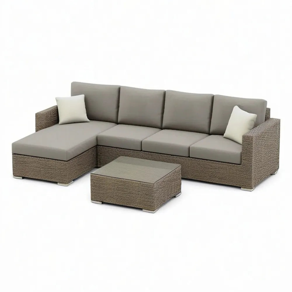 Sofa ogrodowa, Ogród salon zestaw narożna sofa z stolikiem do kawy i polirattan braid szary / beige 280 x 210 x 70 cm