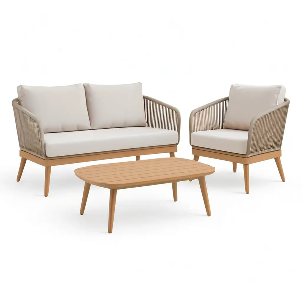 Sofa ogrodowa, Meble ogrodowe 4 pokoje sofa 2 siedzenia owalny stół w akacji i lina PP beżowa sofa 130 x 72 x 76 cm